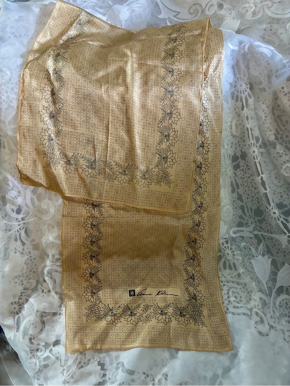 Anne Klein Cream Scarf with black Floral Border and Red Dot Accents
